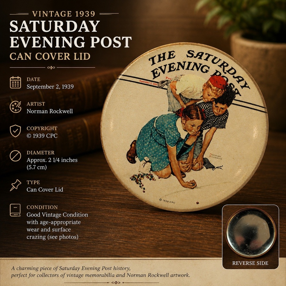Vintage Norman‎ Rockwell Saturday Evening Post Marble Shooter Tin Lid 6 inch